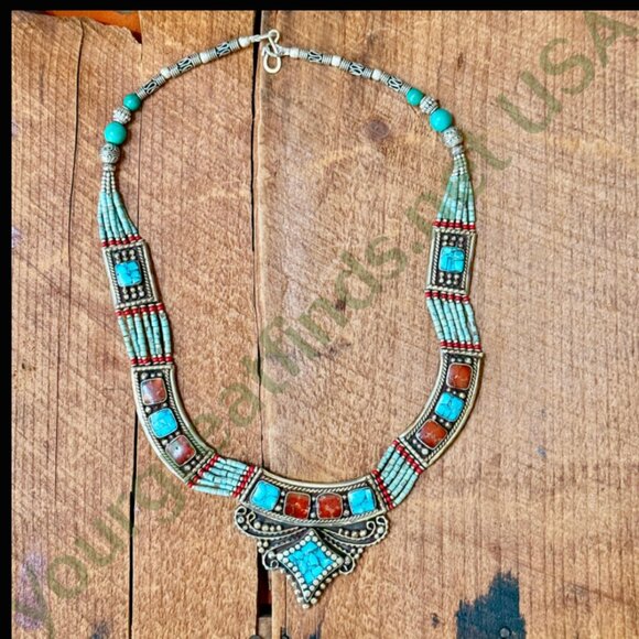 Tibetan Alpaca Silver Turquoise & Coral Mosaic Beaded Necklace - Picture 2 of 5